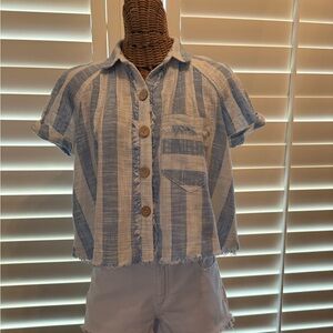 Free People Blue and White Striped Button-Up Shirt Small